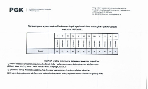 Harmonogram wywozu odpadów z terenu firm w 2026 r.