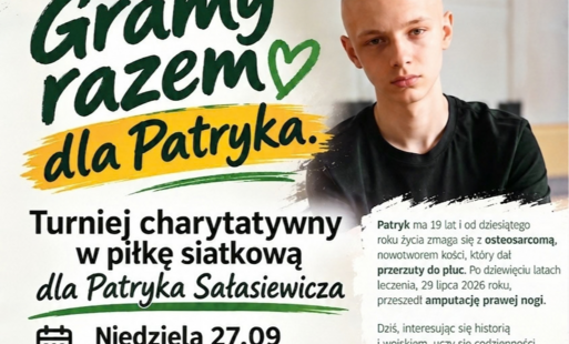 Zdjęcie do Serdecznie zapraszamy na TURNIEJ CHARYTATYWNY - "Gramy razem dla Patryka" dnia 27 września 2026 r. (niedziela) Start godz. 9:00 - Hala sportowa w Str&oacute;żewie