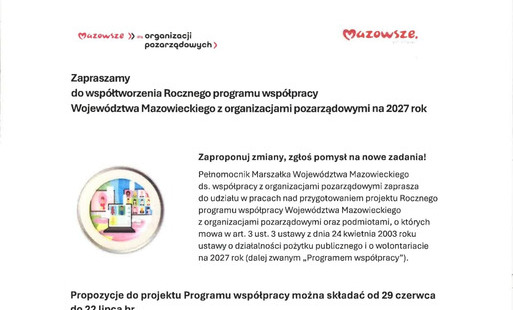 Zapraszamy do współtworzenia Rocznego programu współpracy Województwa Mazowieckiego z organizacjami pozarządowymi na 2027 rok
