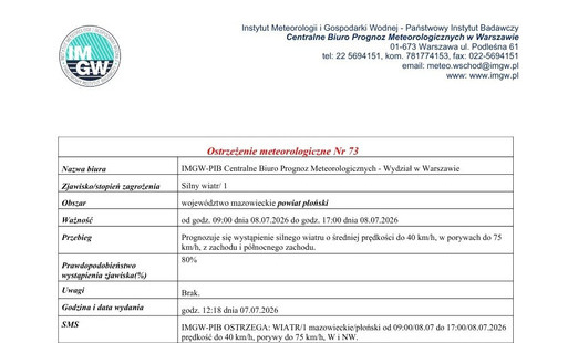 Ostrzeżenie meteorologiczne Nr 73 - silny wiatr od godz. 09:00 dnia 08.07.2026 do godz. 17:00 dnia 08.07.2026
