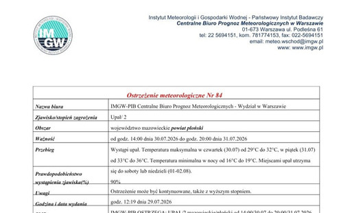 Ostrzeżenie meteorologiczne Nr 84 - upał od godz. 14:00 dnia 30.07.2026 do godz. 20:00 dnia 31.07.2026